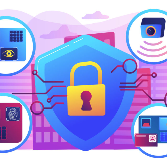 Home protection. Surveillance service. Devices for house security. Access control system, security control solutions, security management concept. Bright vibrant violet vector isolated illustration